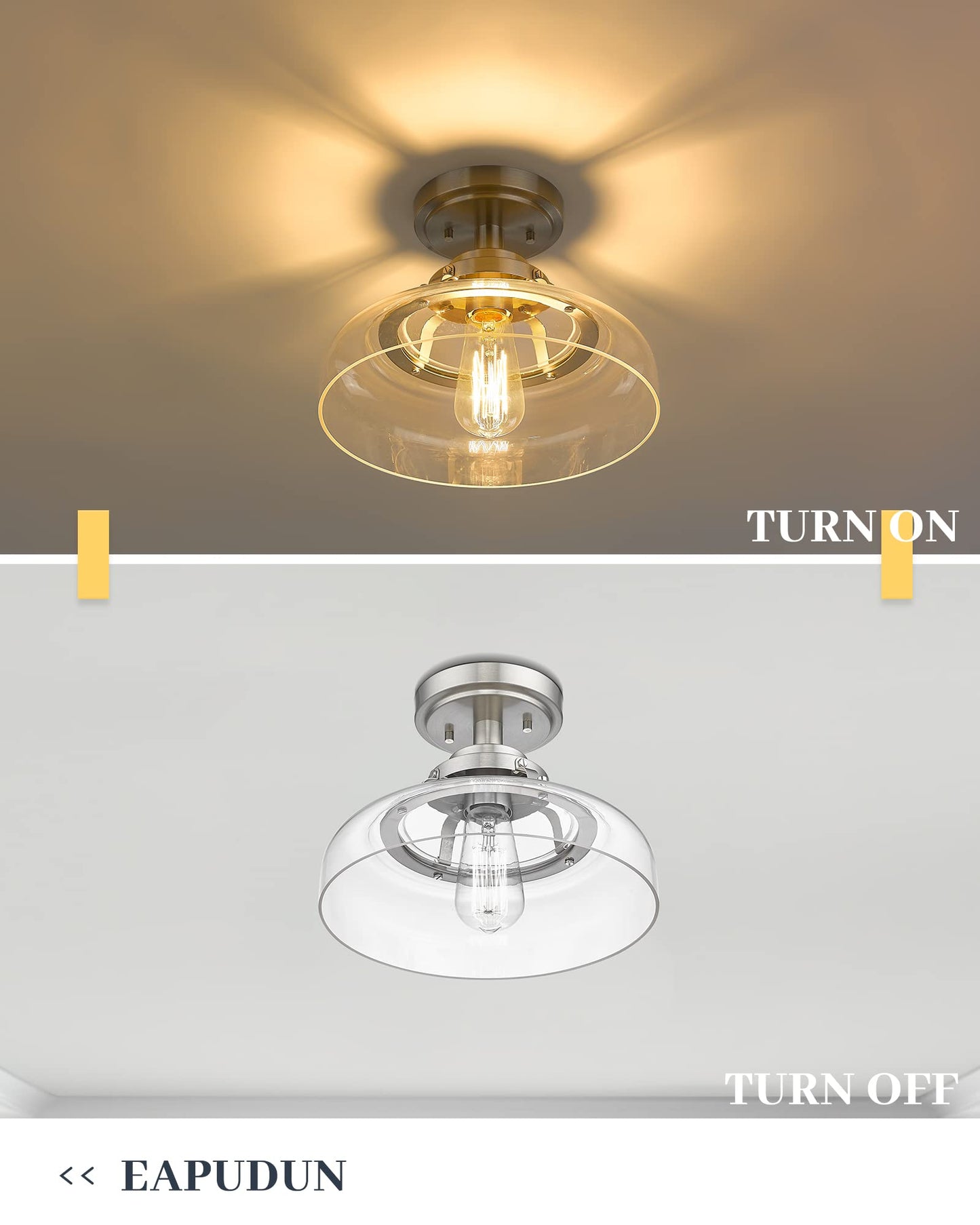 EAPUDUN Semi Flush Mount Ceiling Light, Farmhouse Close to Ceilight Lighting Fixture, Brushed Nickel Finish, Clear Glass Pendant Lamp Shade, SMA1307-BNK