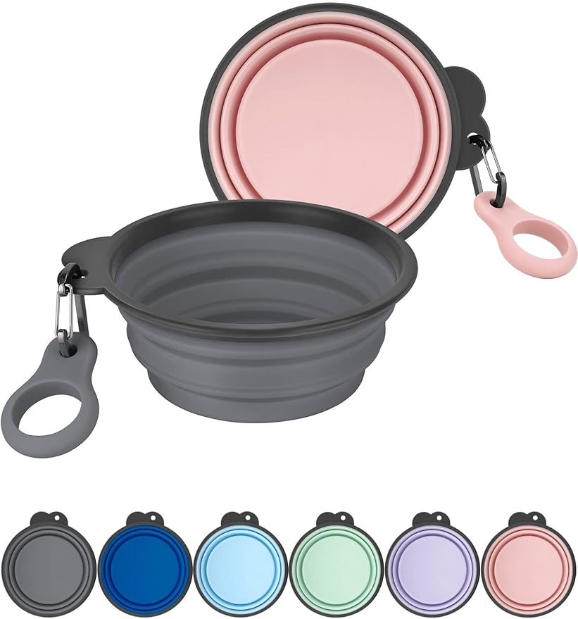 Aonkey Collapsible Dog Bowls with Bottle Carrier, 2 Pack Travel Dog Water Bowl Upgraded Carabiner, One-Piece Molded Rim No...