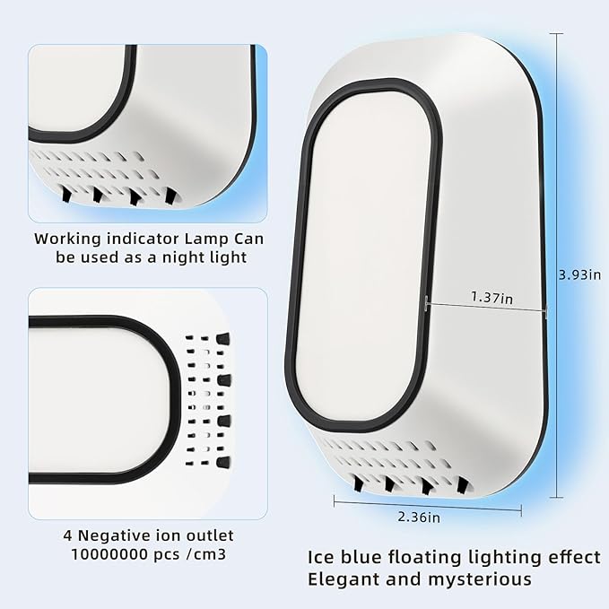 Plug In Air Purifier With 4 Negative Ion Output Heads,Small Air Freshener With Backlight,Quiet and Energy-Saving, Ideal Air Cleaners for Home,Bedroom,Office,Living Room (4)