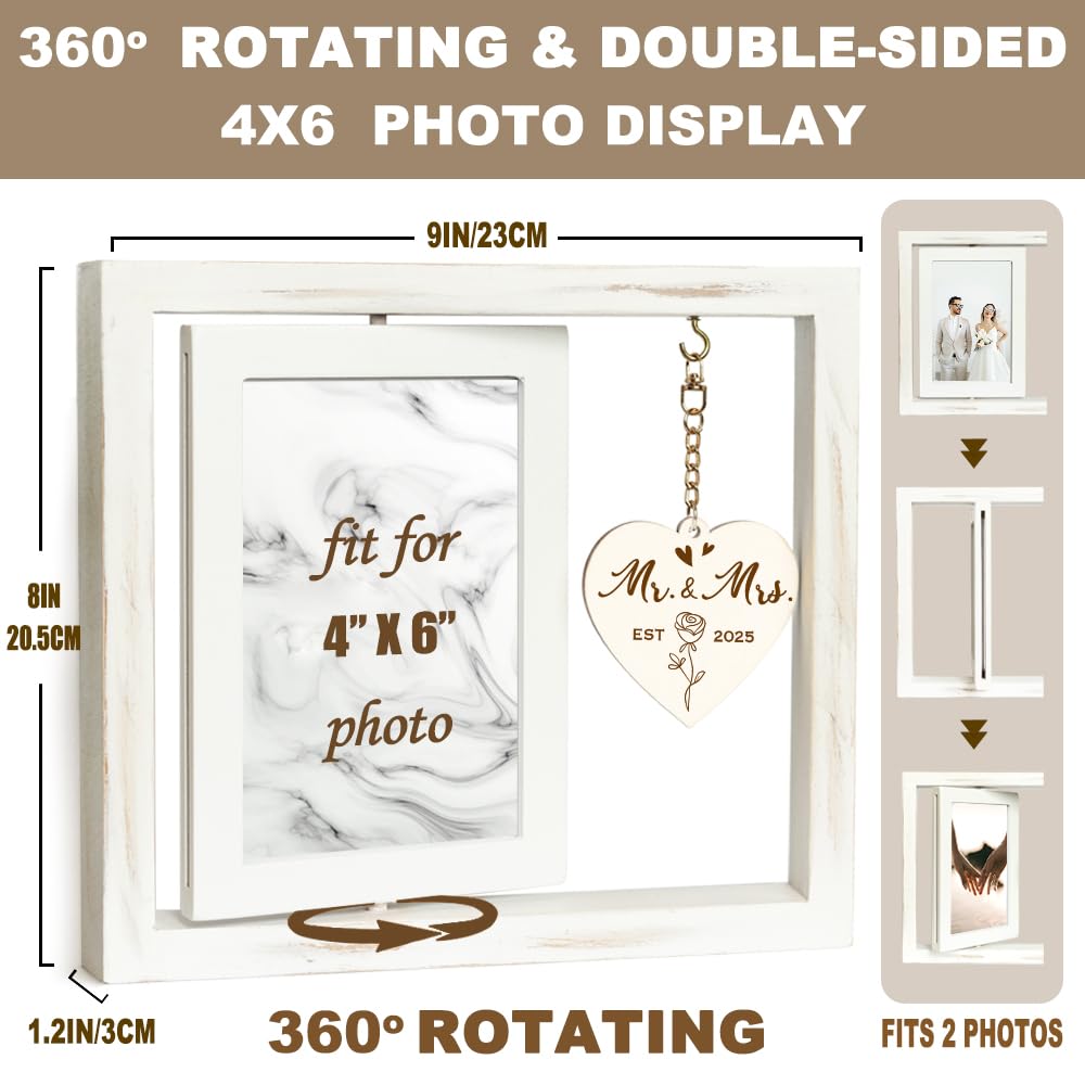 TiTkaiVi Rotating Wedding EST 2025 Picture Frame 4x6, Mr & Mrs Gifts, Bridal Shower & Engagement Gifts for Couples & Newlyweds