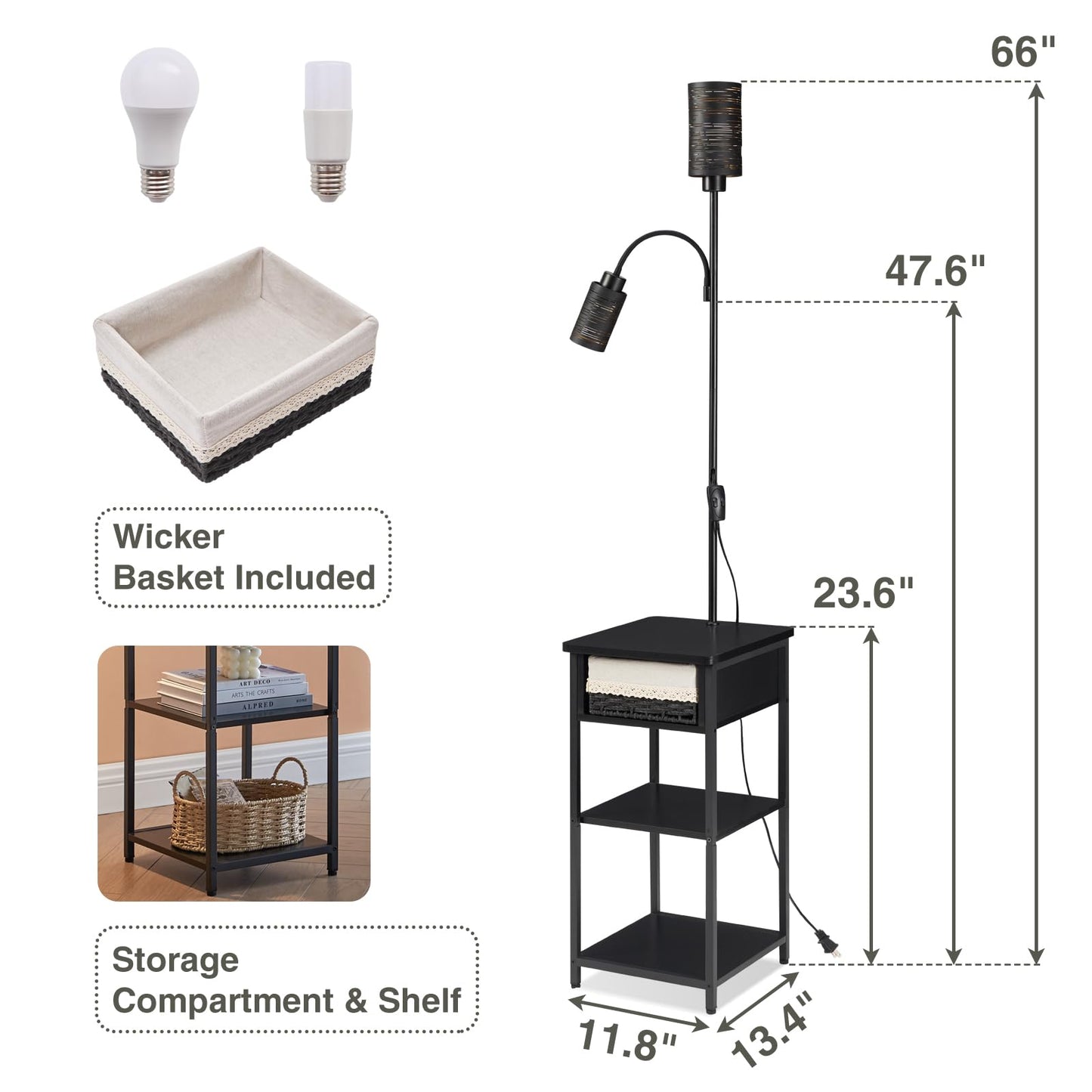 BAMGROW Floor Lamp with End Table, Side Table with Lamp Attached, Bedside Nightstand Light for Small Spaces with Wicker Drawer and Storage Shelf for Living Room, Bedroom, Guest Room, 2 Bulbs Included