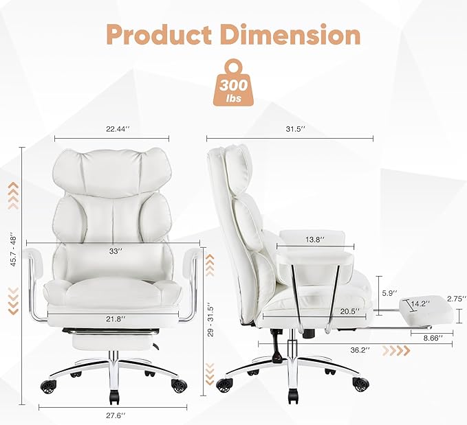 Sweetcrispy Executive Home Office Desk Chair - Ergonomic Big Tall High Back with Footrest & Lumbar Support, Reclining Height Adjustable, Comfy PU Leather Computer Gaming with Swivel Wheels, White