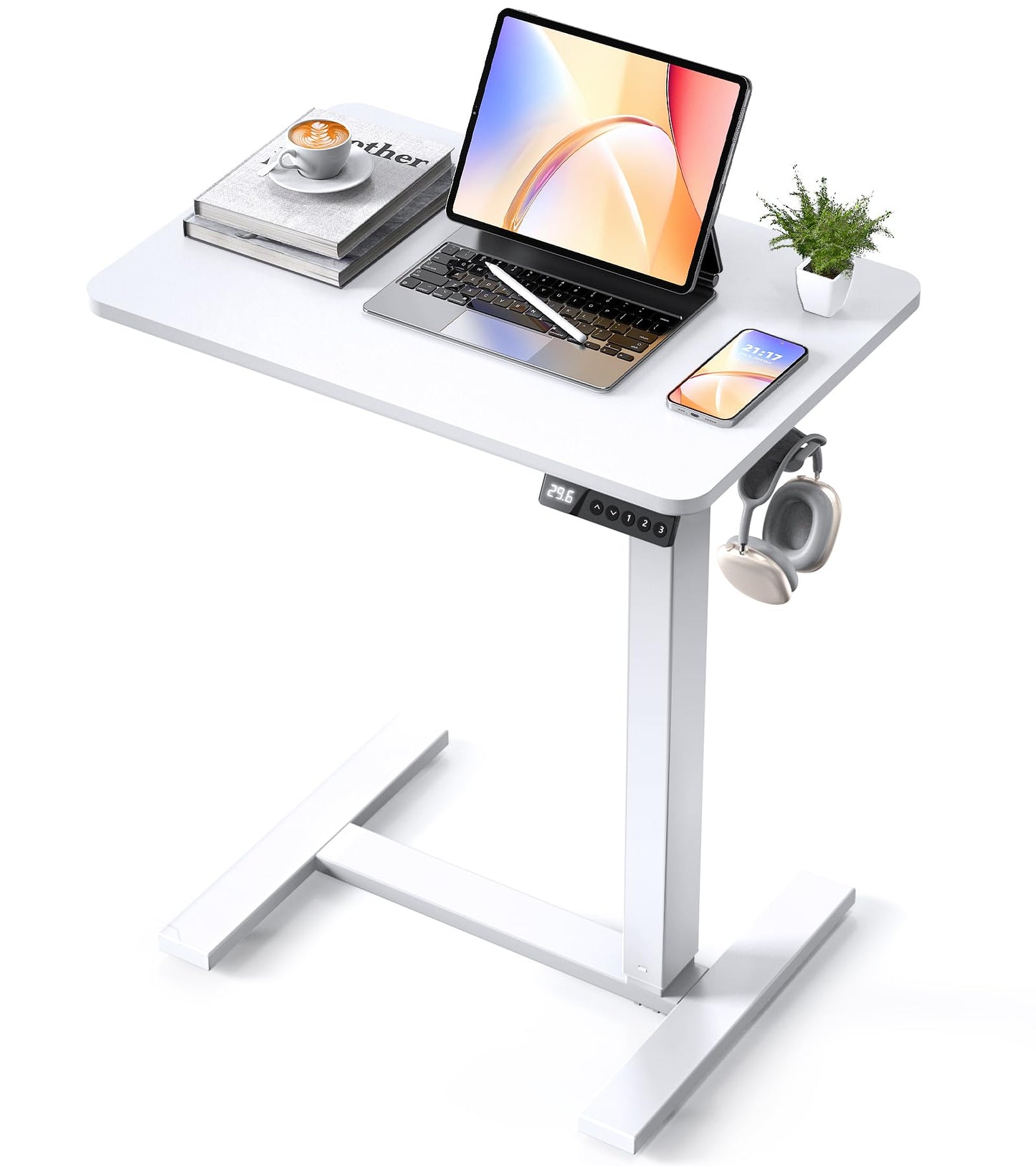 YOLEZO Overbed Bedside Table with Wheels, Electric Standing Desk Adjustable Height, Small Computer Desk for Home Office, Rolling Laptop Desk for Bed, Sofa, or Hospital Use (24"x16",White)