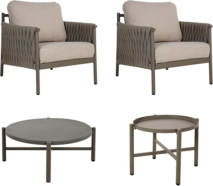 Grand patio 4-Piece Outdoor Furniture Set, Outdoor Sofa Set with 2 Round Side Tables, Modern Metal Patio Couch with 6-inch Thick Waterproof Cushions for Porch Deck Backyard, Beige