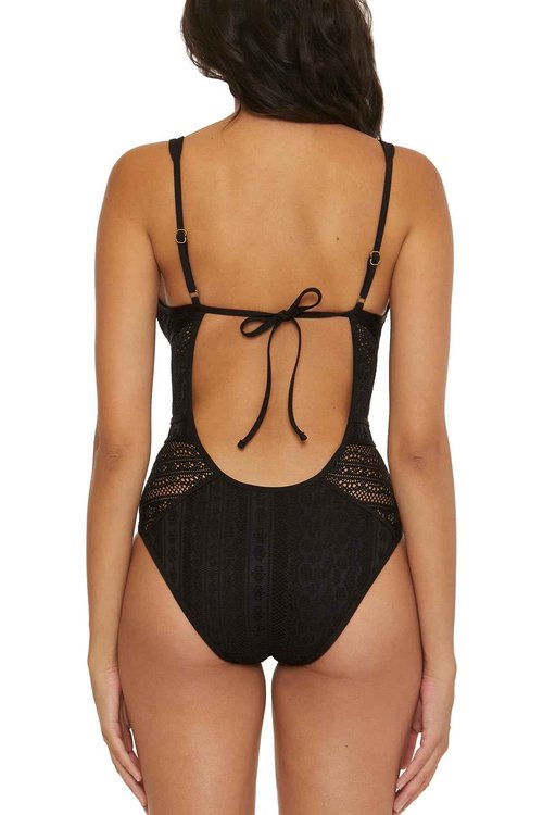 BECCA Women's Standard Color Play One Piece Swimsuit, Plunge Neck, Crochet, Bathing Suits, Black, Small