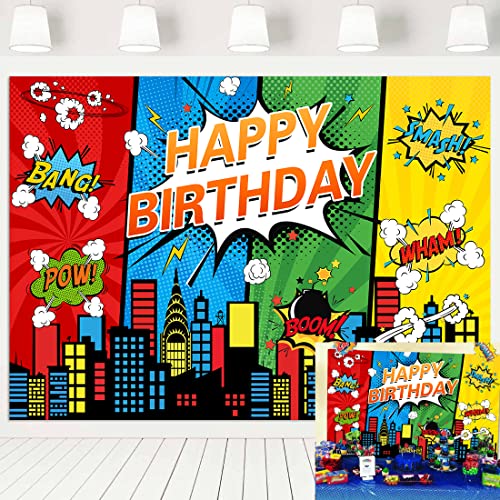 Generic Superhero Photo Backdrop (5x3FT, Colourful Vinyl) - Superhero Theme Birthday Party Backdrop for Boys Cake Table De...