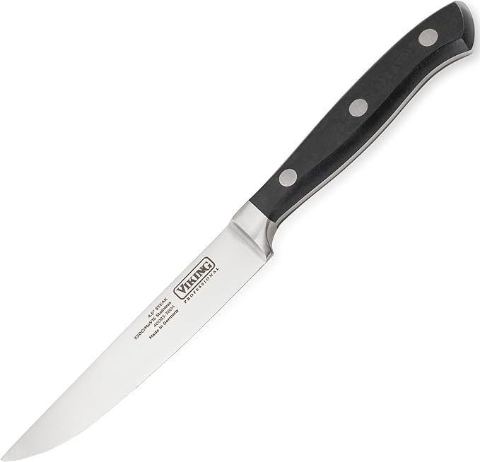 Viking Kitchen Steak Knife. 4.5 Inch Serrated German Stainless Steel, Razor Sharp, Ergonomic Handle, Black