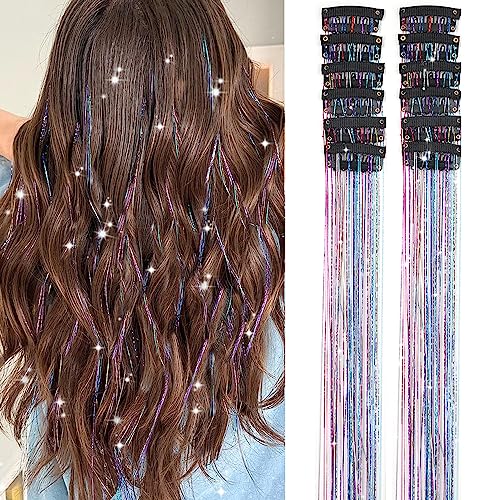 Hair Tinsel Pack of 12 Pcs Colorful Glitter Hair Accessories 20 Inch Clip in Hair Tinsel Extensions Fairy Hair Accessories...