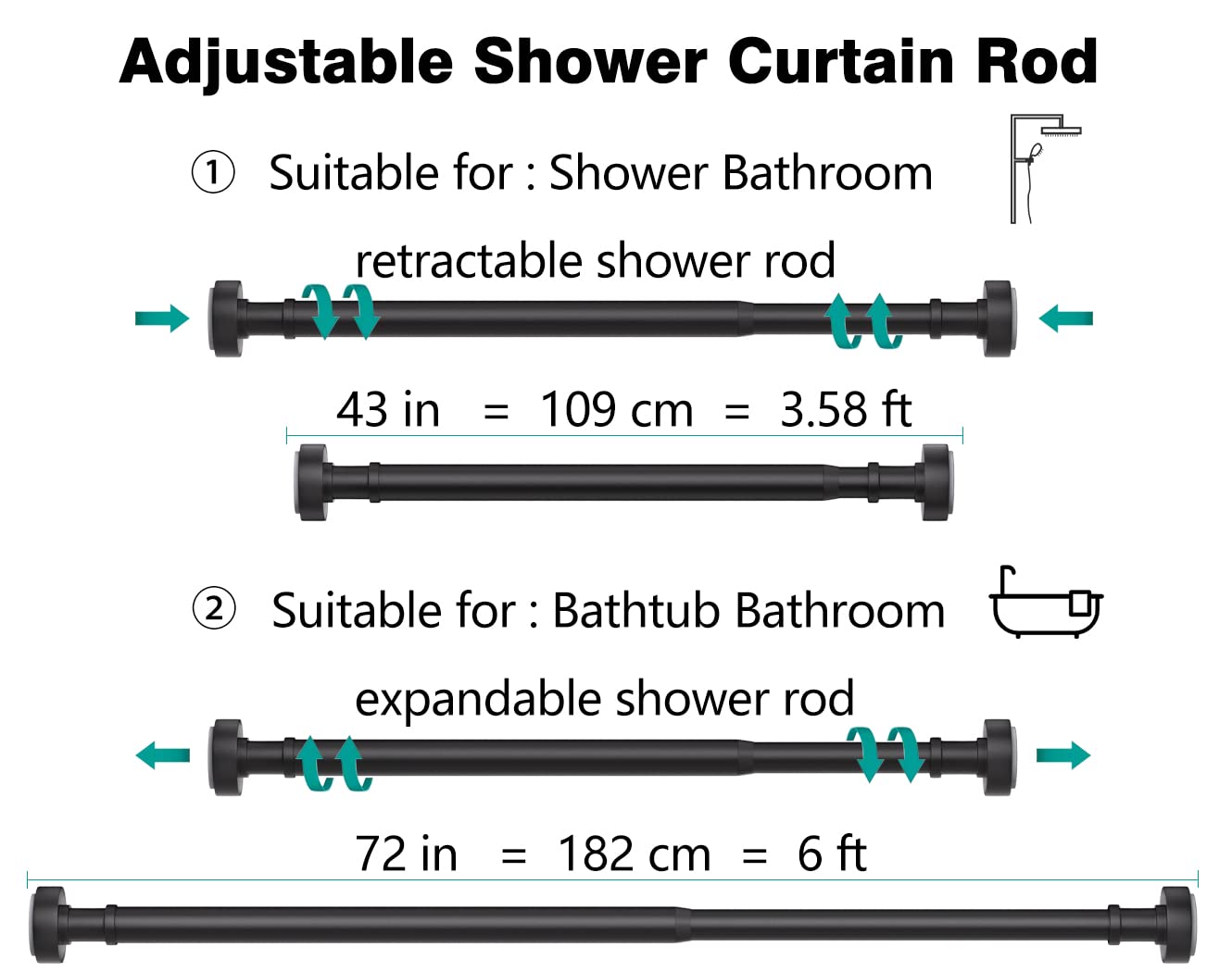 Black Shower Rod with 12 Hooks, 43-72 Inches, Rust Resistance, Adjustable Tension Rod with Durable Spring, No Drilling - Use For Bathroom, Bedroom, Home, Matte Black