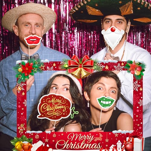 Christmas Photo Booth Props Kit, 24Pcs Fun Photo Props & Selfie Frame for Christmas Photos Decoration, Funny Santa & Ginge...