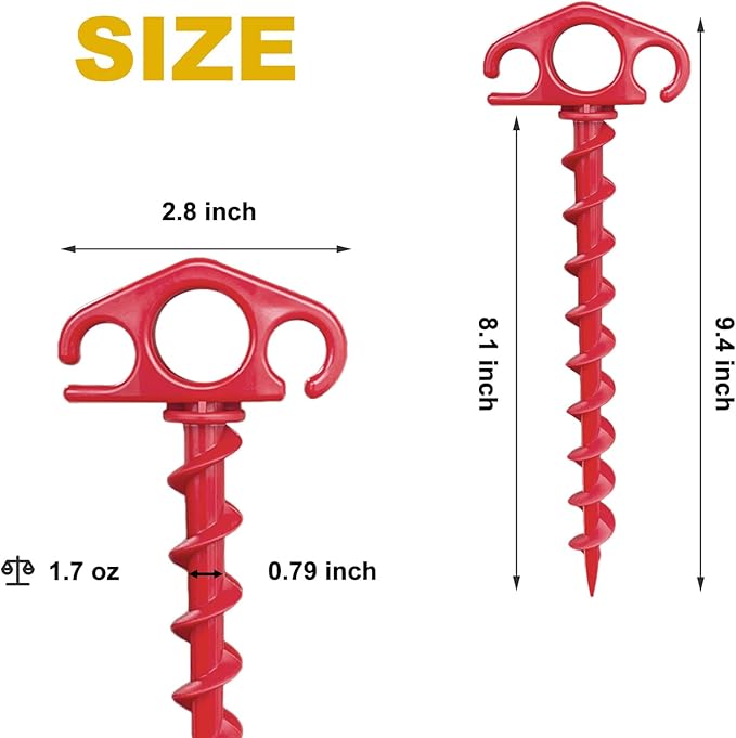 COBARYEN Tent Stakes Ground Anchors Screw in, 10 Pack Sand Stakes for Beach 9.4 Inch Heavy Duty Spiral Tent Pegs for Camping, Party, Hiking, Outdoor Decoration (10, Red)