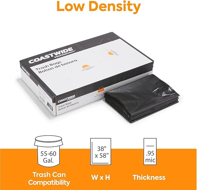 55-60 Gallon Industrial Trash Bag, 38" x 58", Low Density, 0.95 mil, Black, 100 Bags/Box (CW18188)