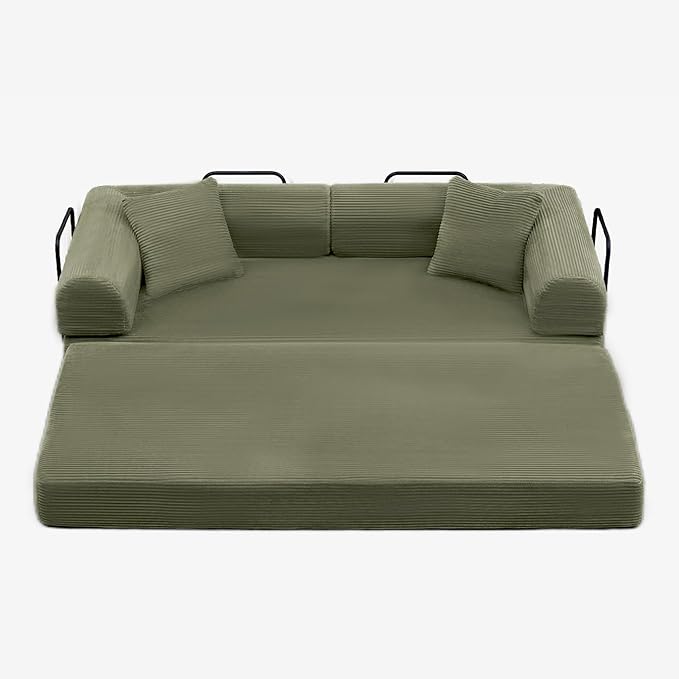 ZQRhome 79" 5-in-1 Convertible Sofa Bed, Luxe Comfort Sleeper with Sturdy Frame, No Assembly Corduroy Couch for Living Room, Apartment & Relaxation, Light Green