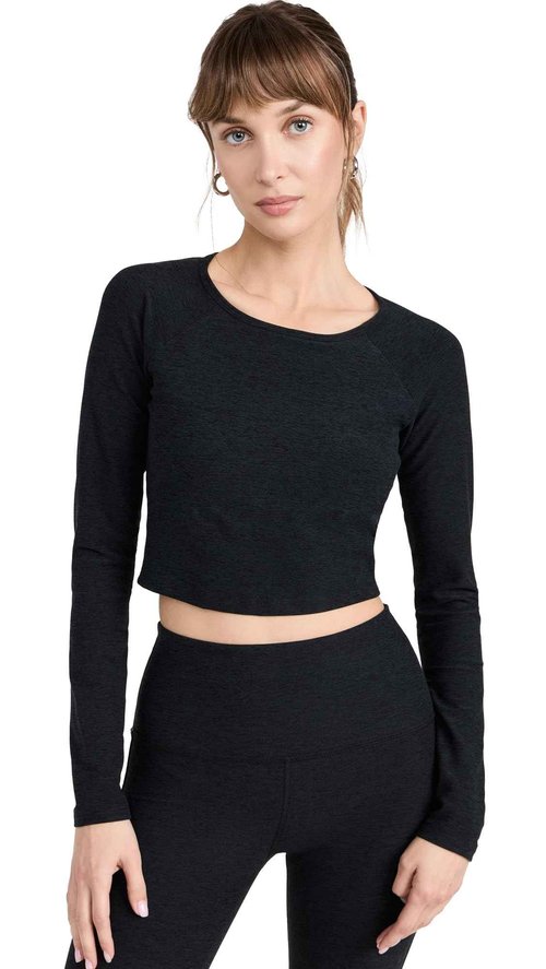 Beyond Yoga Women's Spacedye Enlighten Cropped Pullover, Darkest Night, Black, L
