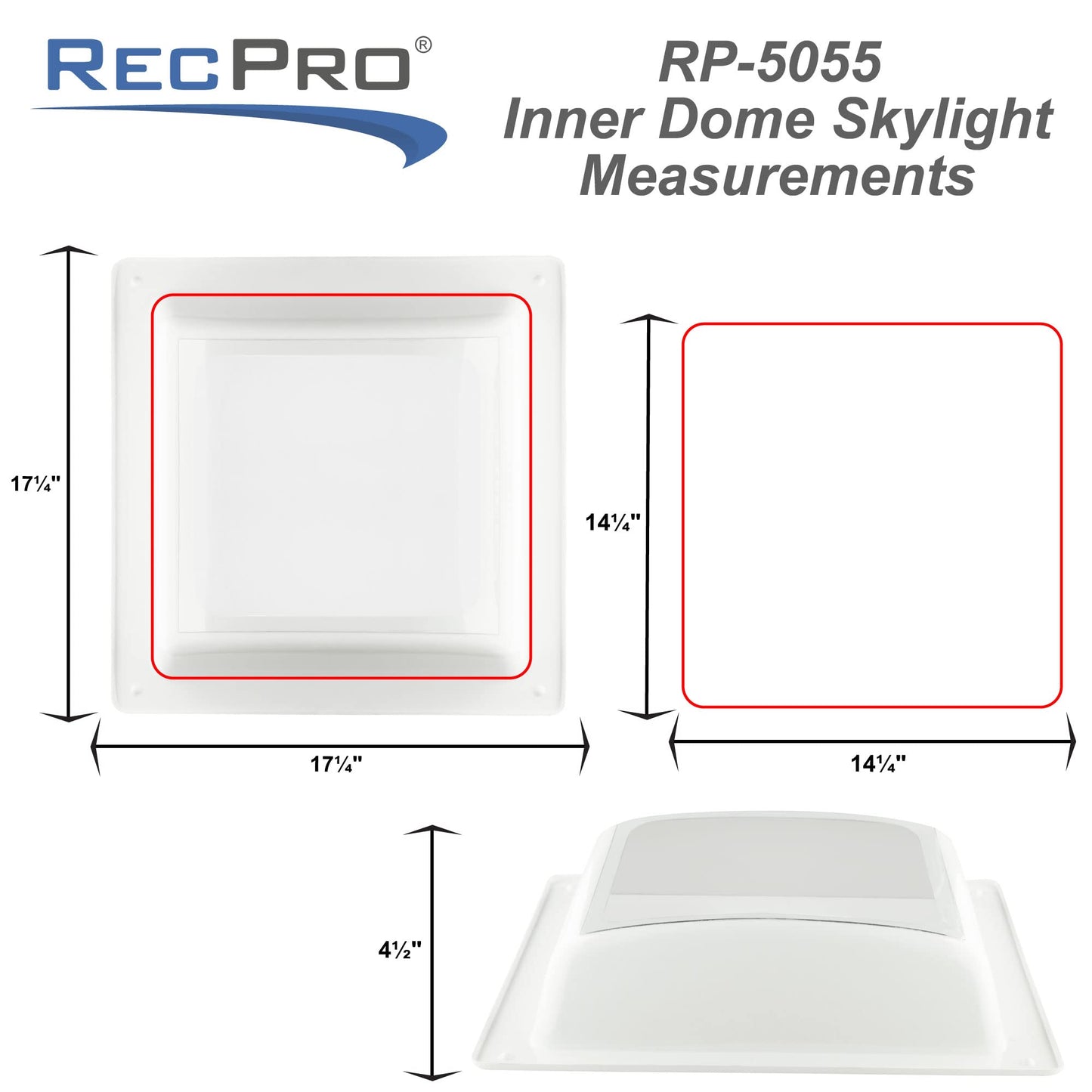 RecPro RV Skylight Inner Dome with Clear Window | 14" x 14" Universal Inner Skylight
