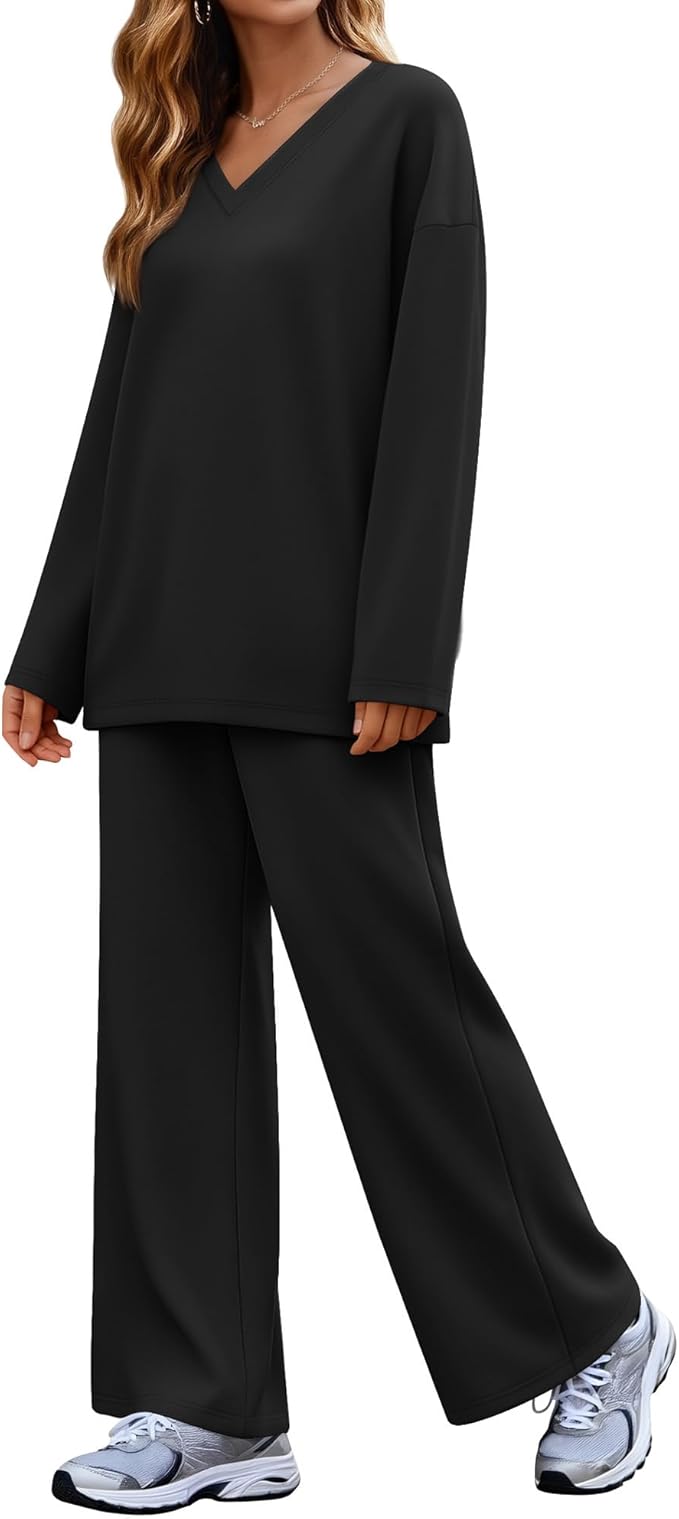 JoyMotion 2 Piece Women's Sweatsuit, V Neck Oversized Tracksuit Wide Leg Pant Fall Lounge Set Long Sleeve Sweatshirts Outfit
