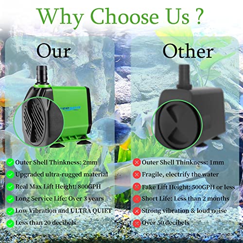 FREESEA Fountain Submersible Water Pump: 800GPH 45W Adjustable Ultra Quiet Aquarium Pump with 3 Nozzles 10ft High Lift for...