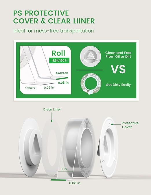 Double Sided Tape Heavy Duty, 2pcs Double Sided Mounting Nano Tape 13.3FT, Clear & Tough Two Sided Adhesive Tape, Removable Picture Hanging Strips for Wall, Poster, Carpet, Home Office