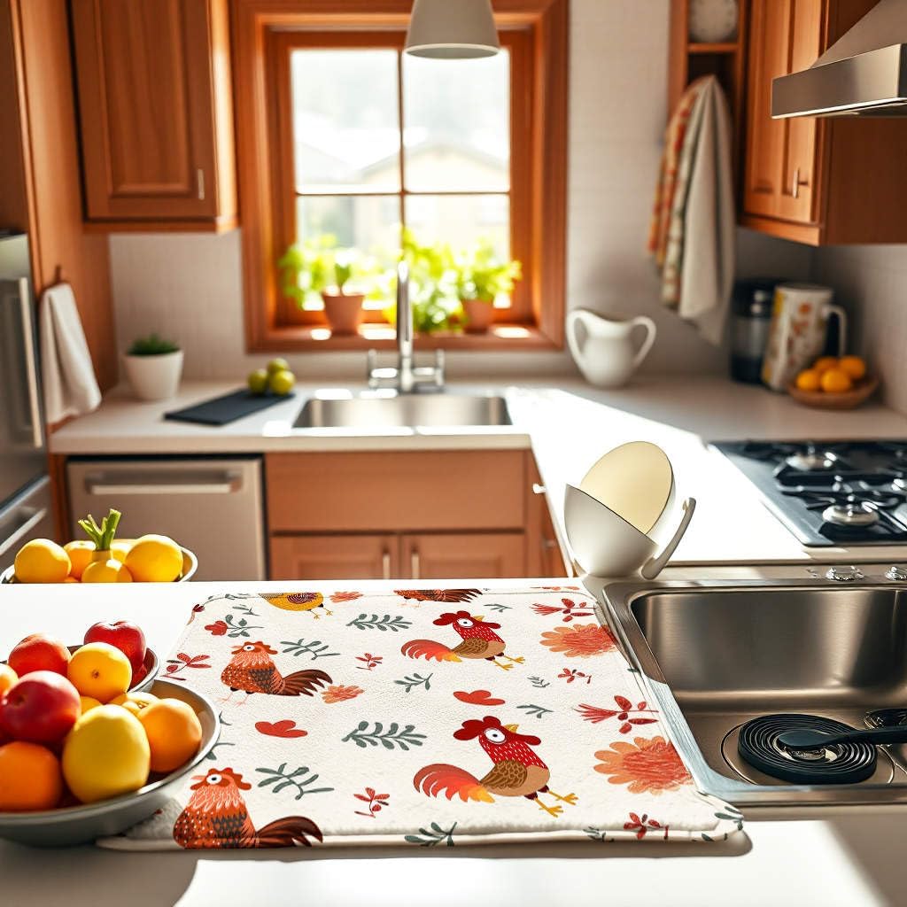 Rooster Large Dish Drying Mat for Kitchen Counter 16''x18''Microfiber Absorbent - Foldable, Quick-Dry, Non-Slip, & Compact Red Kitchen Drying Pad for Dishes, Countertops, and Cookware