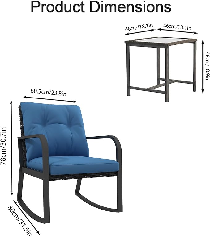 HLNPTN 3 Piece Rocking Bistro Patio Set, Outdoor Rocking Chair, Outdoor Bistro Sets Wicker Patio Furniture Rocking Chairs Sectional Couch with Tempered Glass Top Coffee Table & Cushions, Dark Blue