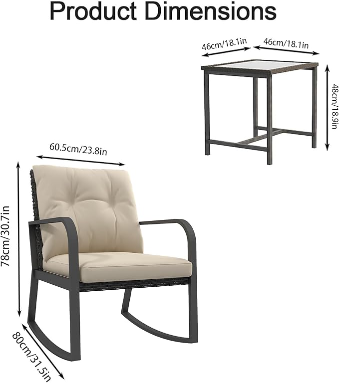 HLNPTN 3 Pieces Patio Furniture Set, Rocking Chairs Wicker Outdoor Bistro Set Armchair Patio Furniture Conversation Sets with Tempered Glass Top Coffee Table & Cushions, Off White