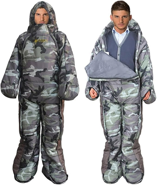 72" Large Wearable Human Sleeping Bag Zipped Foot Opening Design Free Size Ultralight Hoodie Quilted Warm Thermal Coat for...
