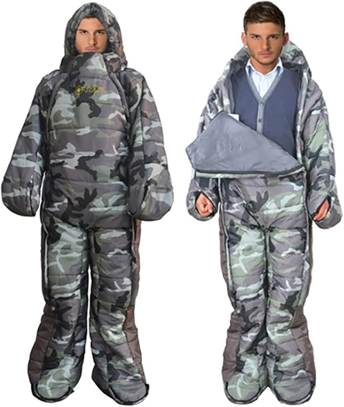 72" Large Wearable Human Sleeping Bag Zipped Foot Opening Design Free Size Ultralight Hoodie Quilted Warm Thermal Coat for...