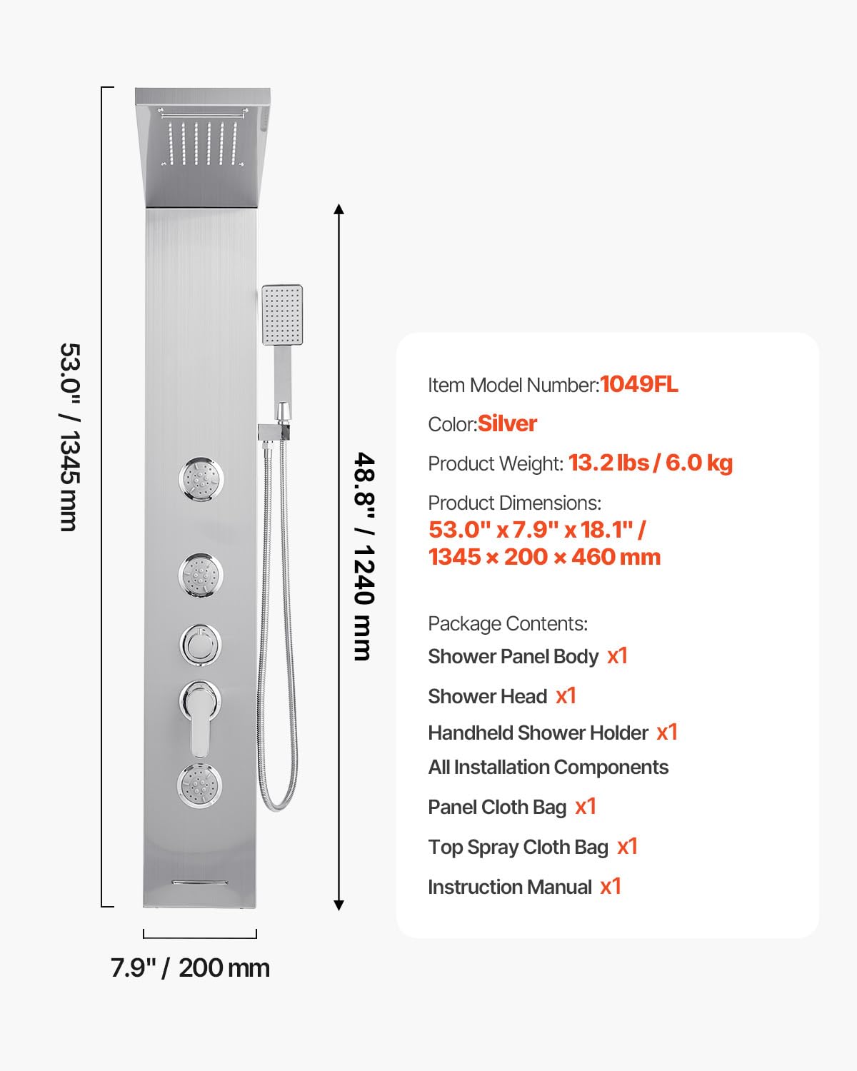 VEVOR Shower Panel Tower System with Rainfall Waterfall Shower Head, 53 in Brushed Stainless Steel Shower Column, 5-Function Faucet, Wall-Mount Rain Massage System with 3 Body Jet, Handheld, Tub Spout