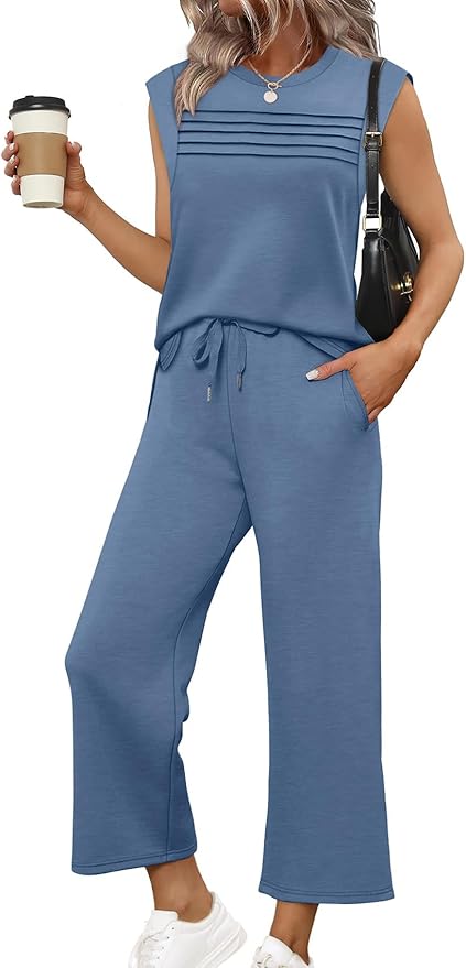 WIHOLL 2 Piece Sets for Women Summer Lounge Sets Travel Vacation Outfits Cap Sleeve Sweatsuit Side Slit Wide Leg Pants S-3XL