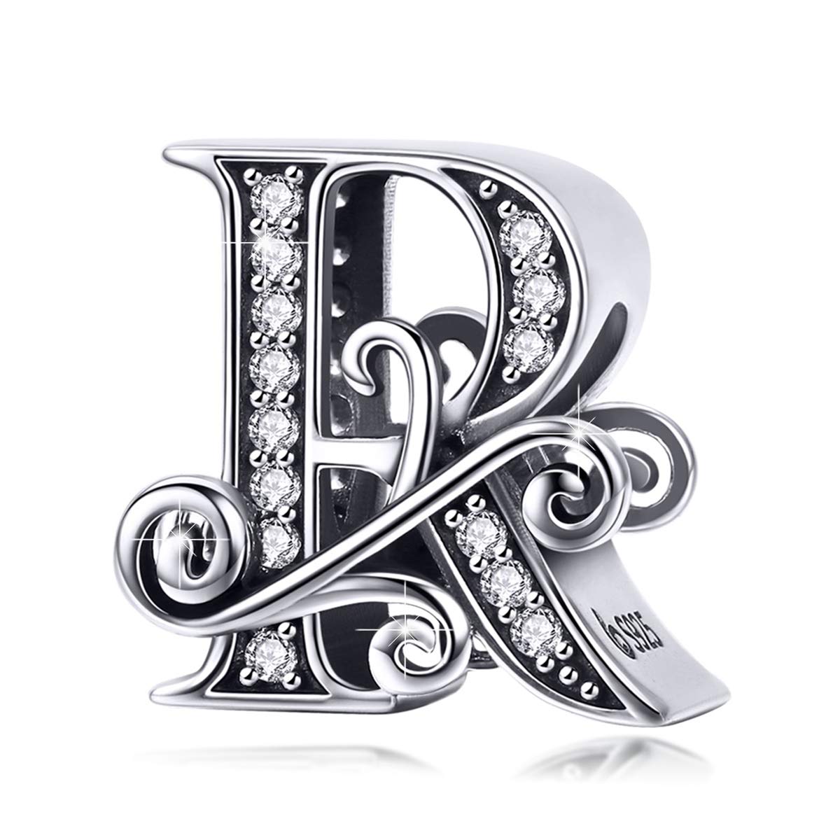 BISAER 925 Sterling Silver Initial Letter R Charms for Bracelets Alphabet Beads Charm Jewelry Gifts