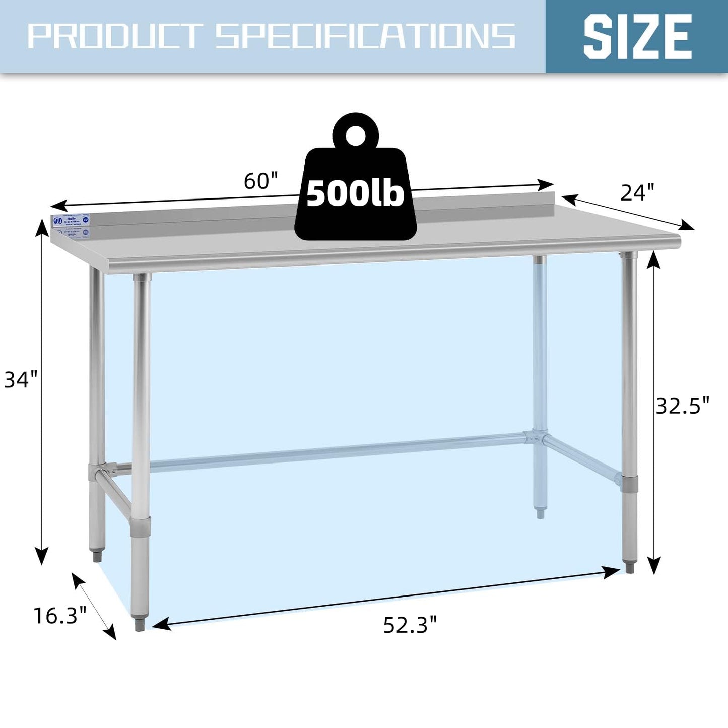 Hally Open Base Stainless Steel Table 24 x 60 Inches, NSF Commercial Heavy Duty Prep & Work Table with Backplash and Galvanized Legs for Restaurant, Home and Hotel