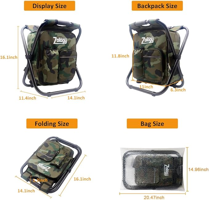 Zology Folding Camping Chair Stool Backpack with Cooler Insulated Picnic Bag, Hiking Camouflage Seat Table Bag Camping Gear, Outdoor Fishing Hunting Gifts for Men