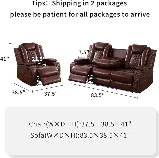 Toseslo Power Recliner Sofa Set with LED Light,Leather Sectional Sofa and Chair Set, Living Room Furniture Sets, Modern Power Reclining Sets with Storage Console for Living Room(Brown)