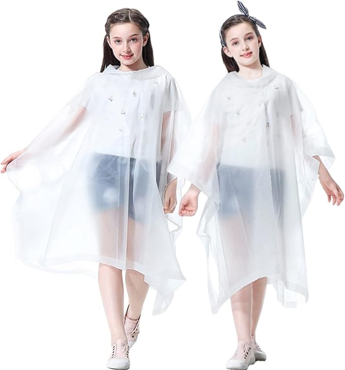 RUISHYY Rain Poncho for Kids (2 Pack), Reusable EVA Children Raincoat Ponchos Rain Jacket with Hood for 6-14 Girls Boys