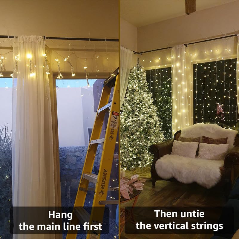 Lighting EVER 306 LED Curtain Lights with 18 Hang Down String Lights, 10×10 ft Plug in Hanging Fairy Lights for Bedroom Wa...