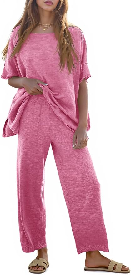 Tankaneo Women's 2 Piece Travel Outfits Casual Short Sleeve Knit Sweater Set Wide Leg Pants Lounge Sets Tracksuit