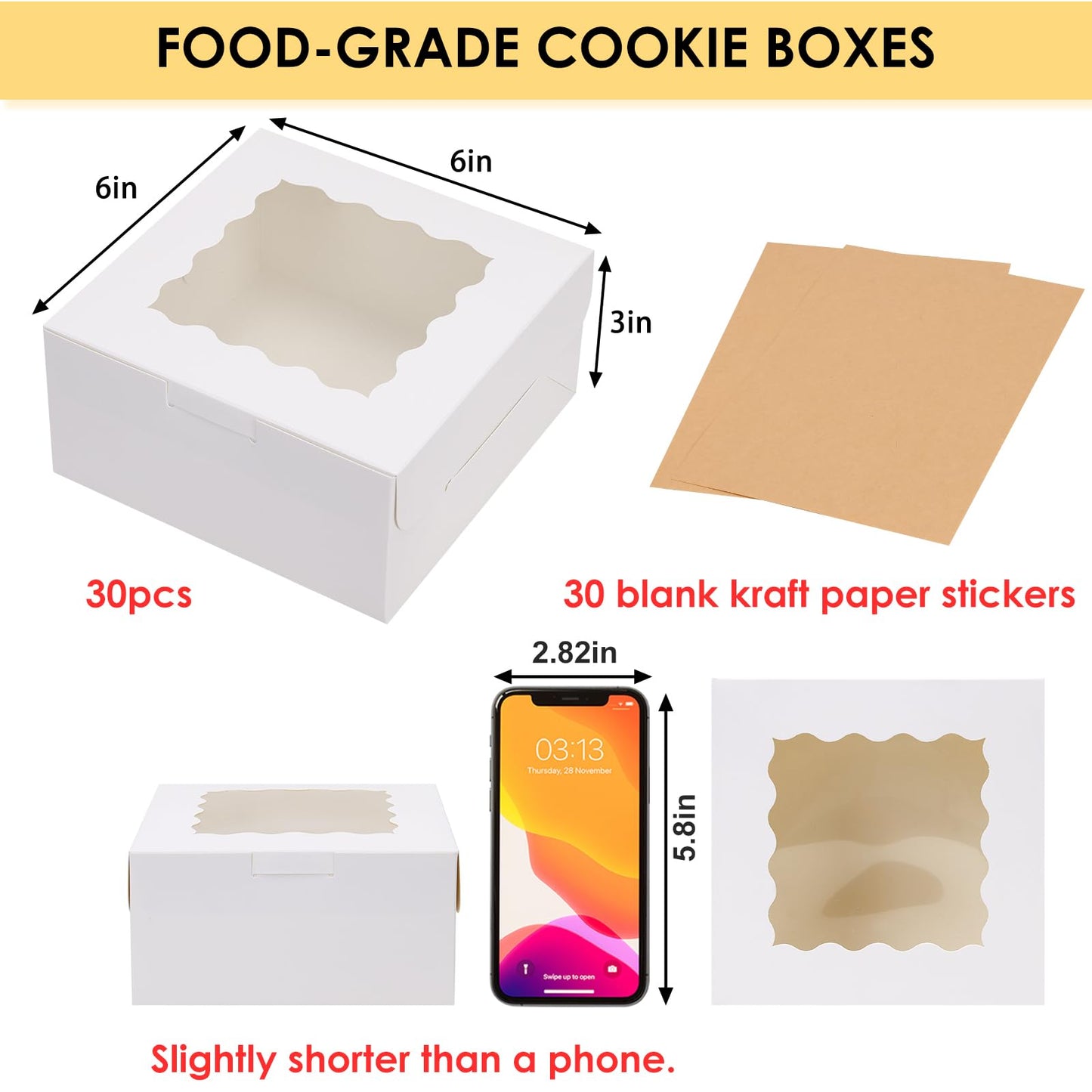 Moretoes 30pcs Cookie Boxes, 6x6x3 Inches Bakery Box with Window, White Treat Containers for Small Pie, Chocolate Covered Strawberries, Cupcake and Pastry