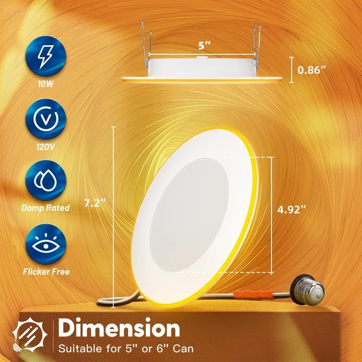FREELICHT 24 Pack 5/6 Inch LED Can Lights with Night Light, 2700K/3000K/4000K/5000K/6000K Selectable Flat Retrofit Recessed Lighting, 10W=110W, 1000LM, Dimmable - ETL & FCC