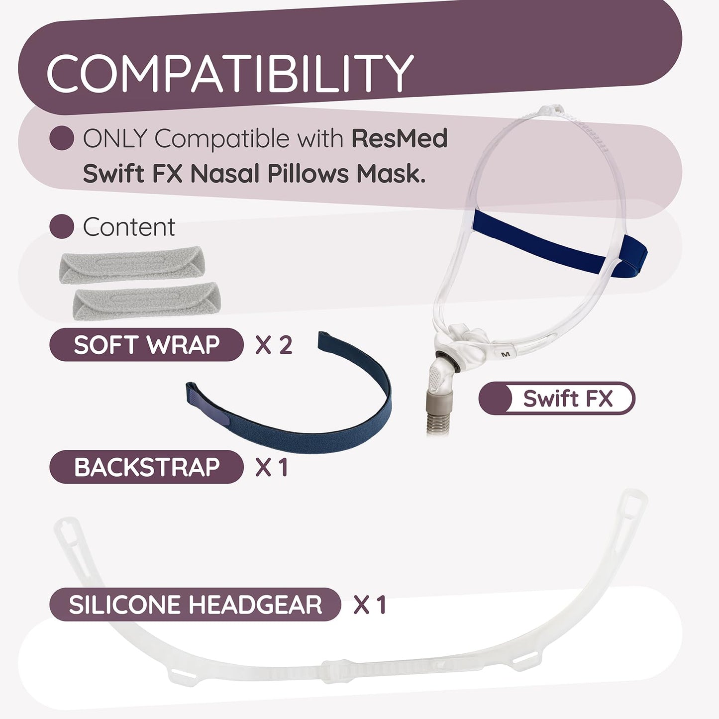 FX CPAP Headgear Strap Compatible with Resmed Swift FX Nasal Pillows CPAP Mask- Adjustable Headgear C Pap Replacement Supplies Part for Swift FX
