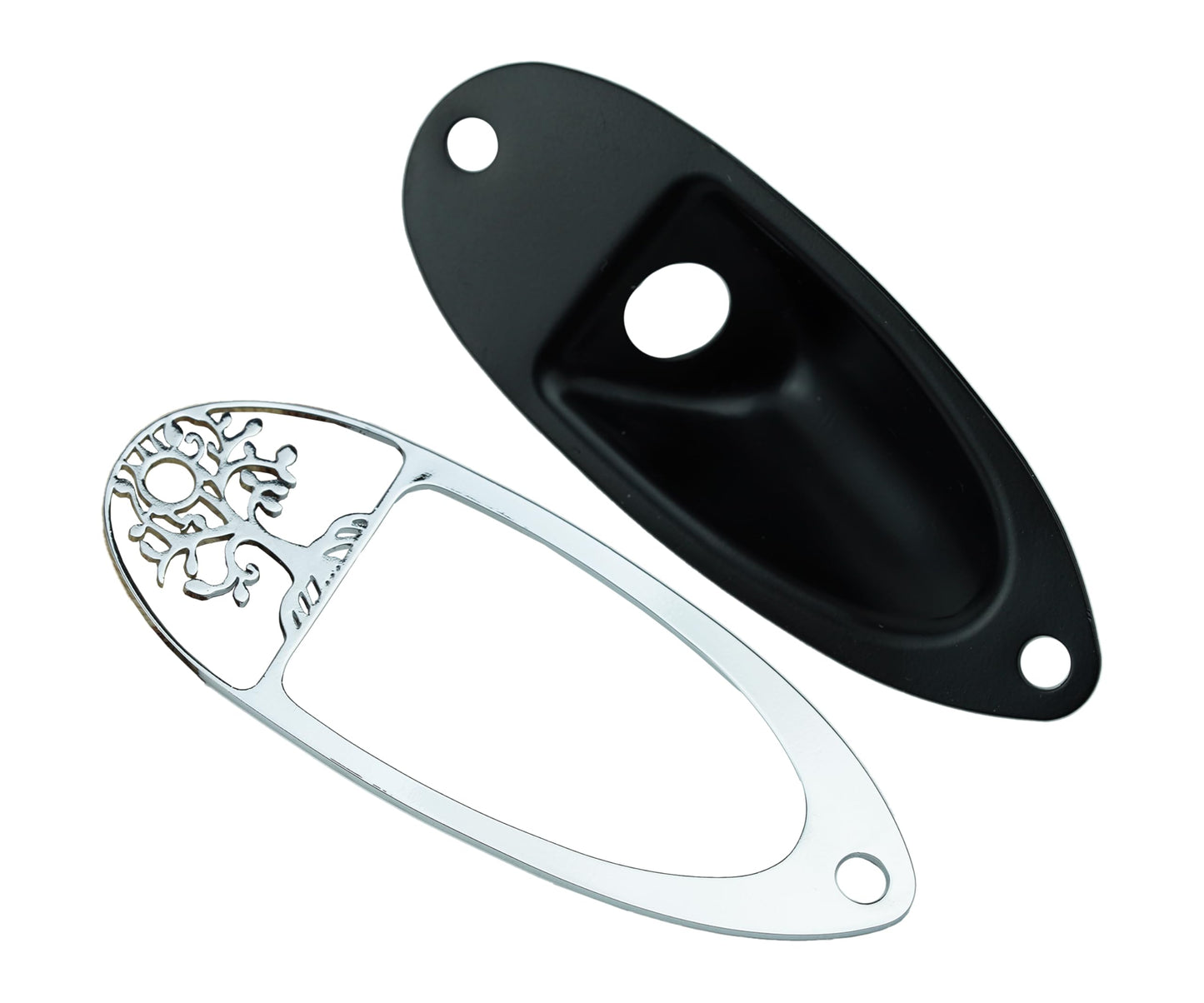 Guyker Guitar Input Jack Plate, Iron Oval Boat Shape Jackplate Socket Ferrule Output Curved Gj008 Black+ Gj007 Cover Combo Set F