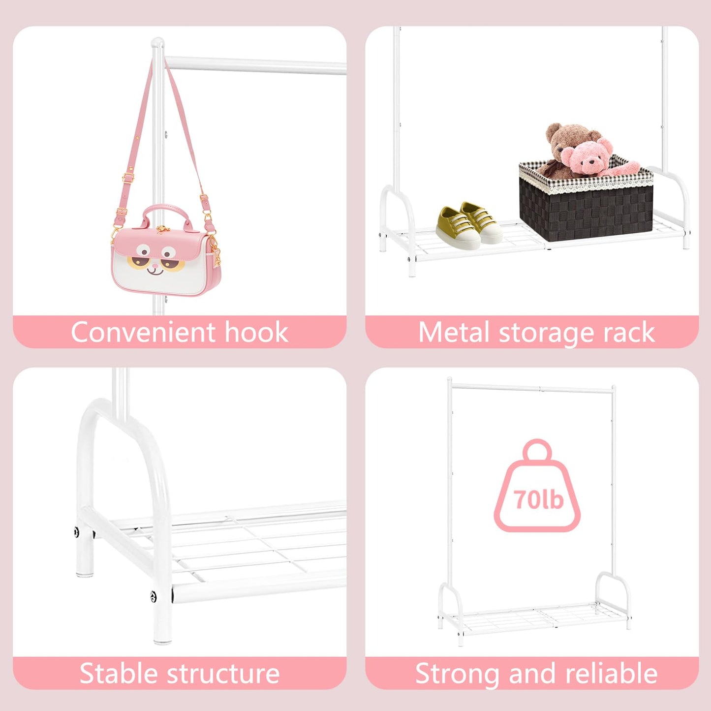 Becomrock Kids Clothing Rack, Small Clothes Shelf with Metal Storage Shelf, Kids Dress Up Storage Rack, (White)