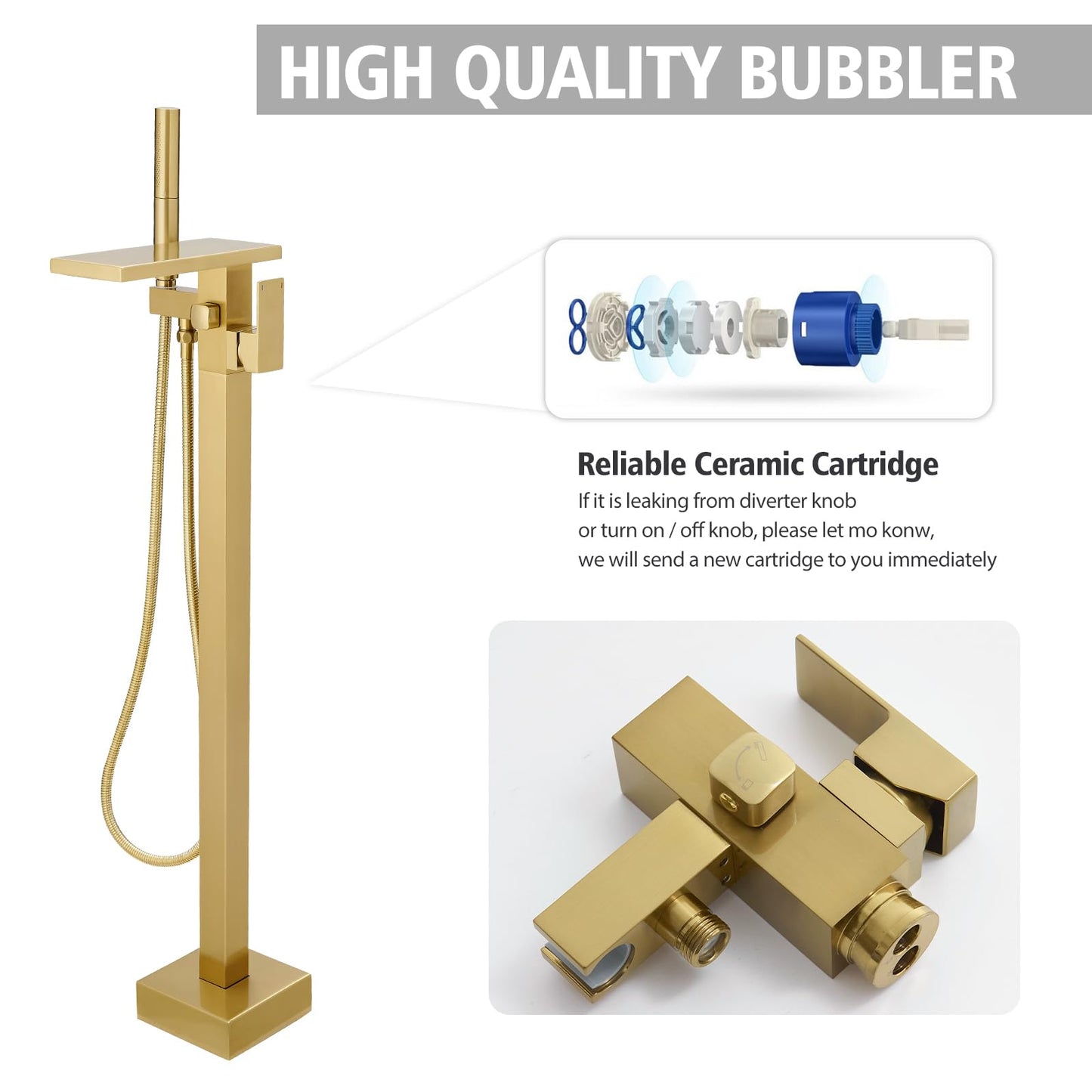 Hoimpro Tub Filler Freestanding Bathtub Faucet Brushed Gold Floor Mount Tub Faucet Waterfall Bathtub Filler with CUPC Certified High Flow Brass Bath Shower Faucets with Handheld Sprayer