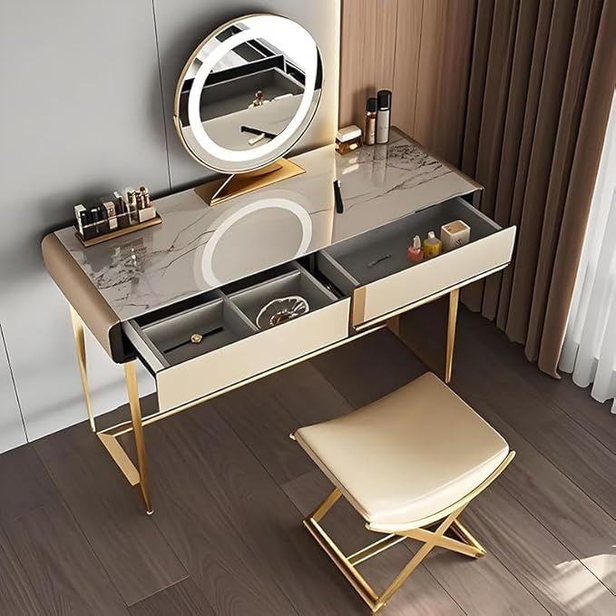Luxury Modern Vanity Stool with Gold X-Frame Metal Legs, Cream Leather Ottoman Bench Seat for Bathroom, Living Room, Makeup, 17.72 x 14.96 inches (Gold)