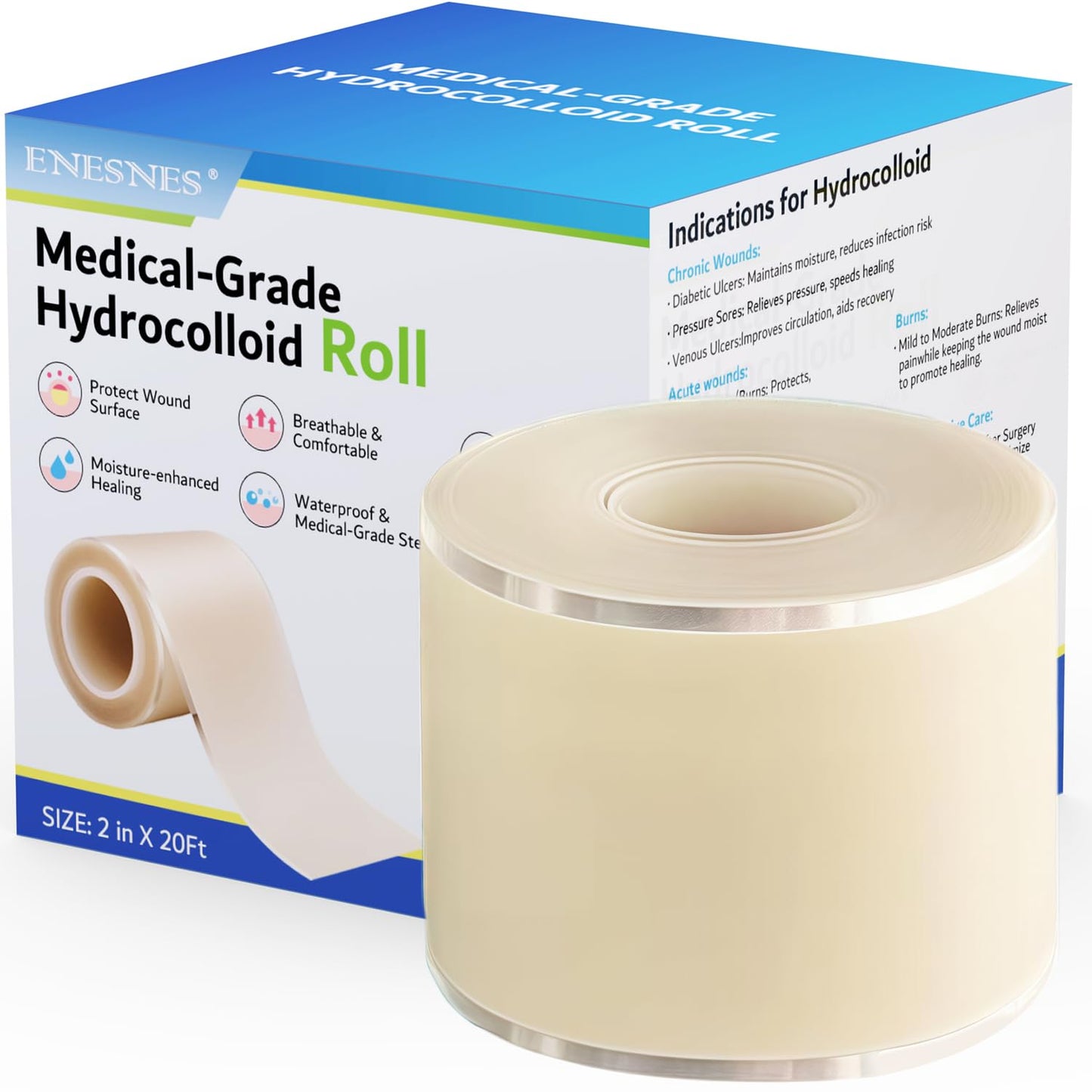Extra Large 2''x20ft Hydrocolloid Roll for Wound Care - Cut-to-Size, Medical-Grade Hydrocolloid Patch Bandages with Self-Adhesive, Ultra Absorbent, Flexible & Waterproof, First Aid Kit Essential