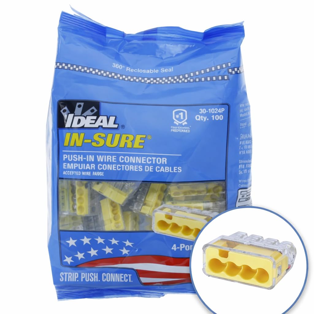 IDEAL Electrical 30-1034P In-Sure Push-In 4 Port Wire Connectors, 12-20 AWG Solid, Yellow (100 Pack)