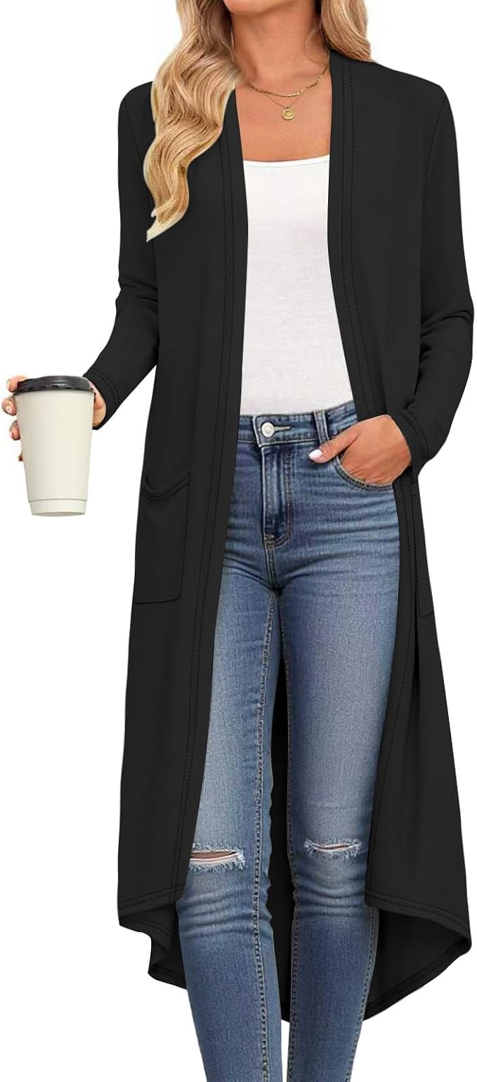 DB MOON Womens Long Cardigan Fall Lightweight Long Sleeve Sweater Light Weight Winter Open Front Sweaters with Pockets