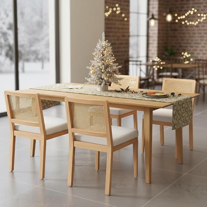 LukeAlon Modern Dining Chairs Set of 4 Farmhouse Kitchen Chairs with Woven Cane Back, Soft Chenille Upholstered Seat, Solid Wood Legs for Dining Room, Breakfast Nook, Comfortable & Stylish, White