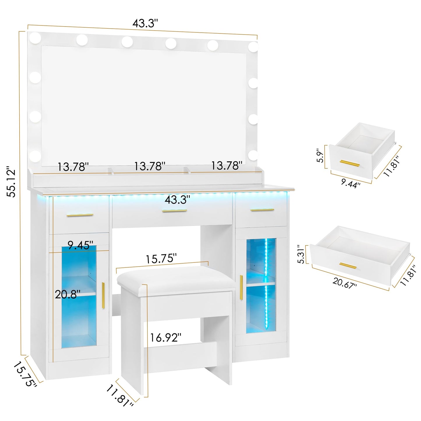 BEWISHOME Vanity Desk with Mirror and Lights White Makeup Vanity Table with Glass Top & Stool,43.4" Large Makeup Desk with Power Outlet,3 Storage Drawers,Dressing Table for Bedroom Women,Girls FST35W