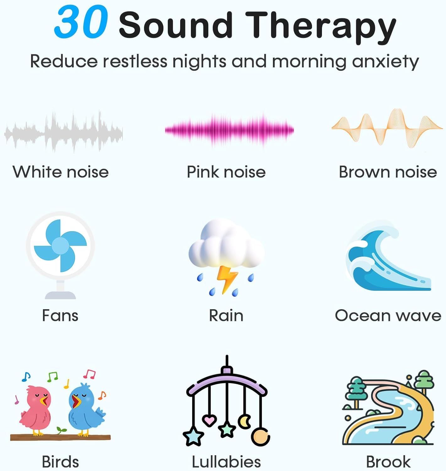 Sound Machine with Alarm Clock: 30 Non-Looping Sleep Sounds - White Noise Alarm Clock for Natural Wake Up - Adjustable Volume & Light, Memory Function, Sleep Timer (Black)