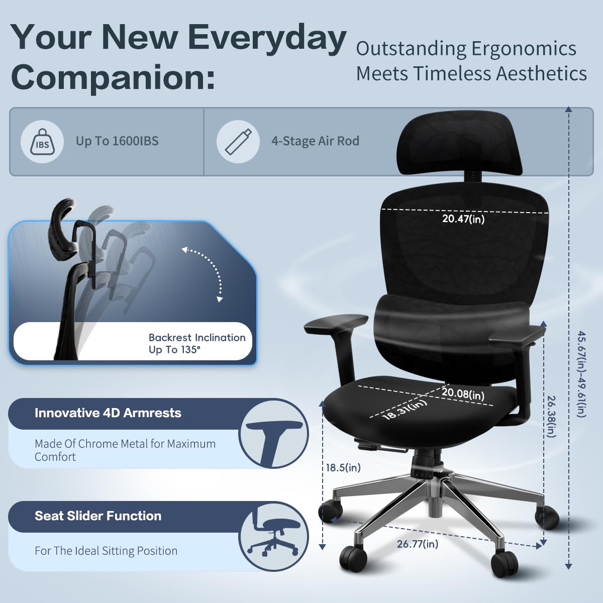 Jacia House TSCA Certified Ergonomic Mesh Office Chair, Big Tall Gaming Chair Adjustable Lumbar Support, 4D Armrests, 2D Headrest, 135° Reclining Rolling Swivel Desk Chairs with Seat Lock 600lb